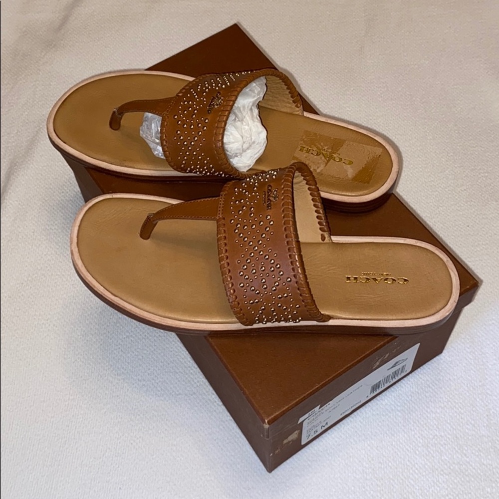 Coach Brown Studded Leather Toe-Post Sandals